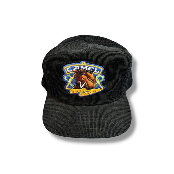 JOE CAMEL Smooth Character Vintage Black Corduroy Hat 1990's Snapback Mens Cap
